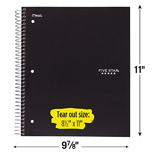 Five Star Spiral Notebook, 1 Subject, College Ruled Paper, 100 Sheets, 11" x 8-1/2", School, Wired, Black (72057)