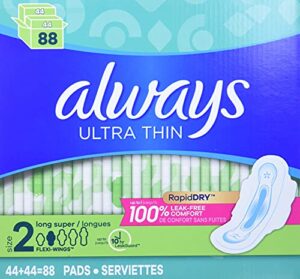 always ultra thin feminine pads with wings, long/super, unscented, 88 count