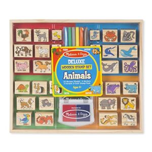 melissa & doug deluxe wooden stamp set: animals - 30 stamps, 6 markers, 2 stamp pads - kids art projects, with washable ink, wooden animal stamps for ages 4+