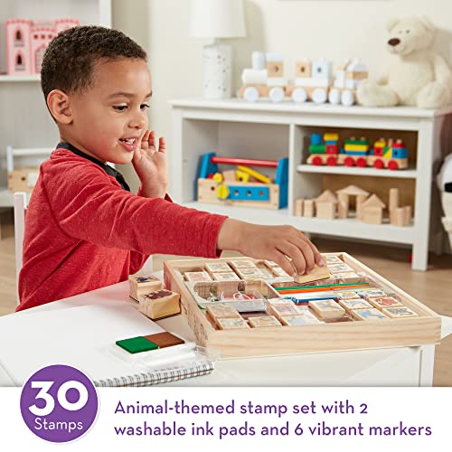 Melissa & Doug Deluxe Wooden Stamp Set: Animals - 30 Stamps, 6 Markers, 2 Stamp Pads - Kids Art Projects, With Washable Ink, Wooden Animal Stamps For Ages 4+