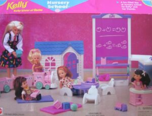barbie kelly nursery school playset w blackboard, sink unit, train & more! (1996 arcotoys, mattel)