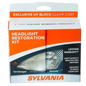 sylvania - headlight restoration kit - 3 easy steps to restore sun damaged headlights with exclusive uv block clear coat, light output and beam pattern restored, long lasting protection