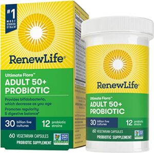 renew life adult probiotics 50+, 30 billion cfu guaranteed, probiotic supplement for digestive & immune health, shelf stable, gluten free, extra care, for men & women, 60 capsules