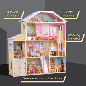 KidKraft Majestic Mansion Wooden Dollhouse with 34-Piece Accessories, Working Elevator and Garage, Gift for Ages 3+