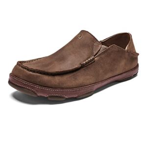 olukai moloa men's leather slip on shoes, waxed nubuck leather & soft moisture-wicking lining, drop-in heel & all weather rubber soles, ray/toffee, 10.5