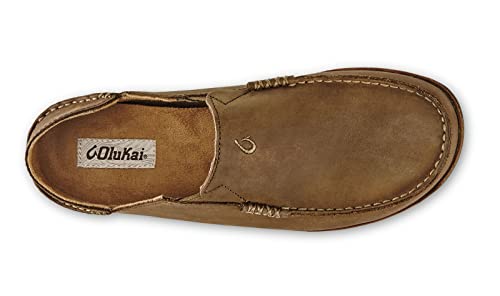 OLUKAI Moloa Men's Leather Slip On Shoes, Waxed Nubuck Leather & Soft Moisture-Wicking Lining, Drop-in Heel & All Weather Rubber Soles, Ray/Toffee, 10.5