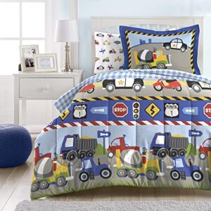 dream factory trucks tractors cars boys 5-piece bedding comforter sheet set, twin blue red multi