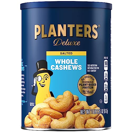 PLANTERS Deluxe Salted Whole Cashews, Party Snacks, Plant-Based Protein 18.25oz (1 Cannister)