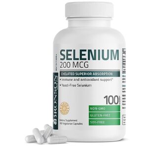 bronson selenium 200 mcg for immune system, thyroid, prostate and heart health – yeast free chelated amino acid complex - essential trace mineral with superior absorption, 100 vegetarian capsules