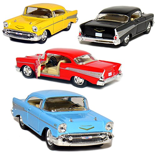 KiNSMART Set of 4: 1957 Chevy Bel Air Coupe 1:40 Scale (Black/Blue/Red/Yellow)