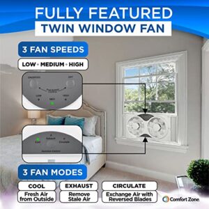 Comfort Zone CZ310R 9" 3-Speed, 3-Function, Expandable, Reversible Twin Window Fan with Remote Control, Removable Cover