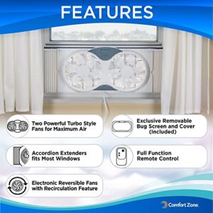 Comfort Zone CZ310R 9" 3-Speed, 3-Function, Expandable, Reversible Twin Window Fan with Remote Control, Removable Cover