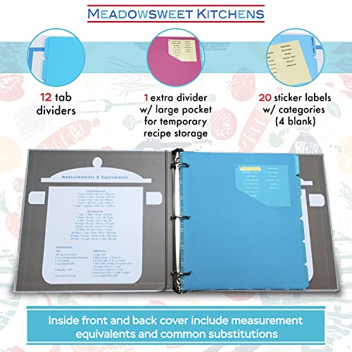 Meadowsweet Kitchens Recipe Binder with Dividers and Labels - Recipe Book Binder, for Recipe Cards, Full Size Recipes/Clippings, Recipe Organizer Book, Make Your Own Cookbook - Turquoise & Gray