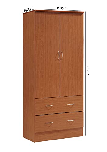 HODEDAH IMPORT- Two Door Wardrobe, with Two Drawers, and Hanging Rod, Cherry