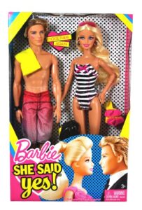 mattel year 2010 barbie "she said yes!" series 2 pack 12 inch doll - together again with barbie doll with black and white swimsuit, silver earrings, pink flip flop sandal and sunglasses plus ken doll with red swim trunks, black flip flop sandals and yello