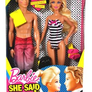 Mattel Year 2010 Barbie "She Said Yes!" Series 2 Pack 12 Inch Doll - Together Again with Barbie Doll with Black and White Swimsuit, Silver Earrings, Pink Flip Flop Sandal and Sunglasses Plus Ken Doll with Red Swim Trunks, Black Flip Flop Sandals and Yello