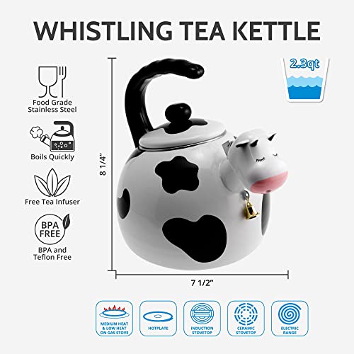 Whistling Tea Kettle for Stove Top Enamel on Steel Teakettle, Supreme Housewares Cow Design Teapot Water Kettle Cute Kitchen Accessories Teteras (2.3 Quart, Cow)