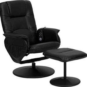 Flash Furniture Cason Massaging Adjustable Recliner with Deep Side Pockets and Ottoman with Wrapped Base in Black LeatherSoft