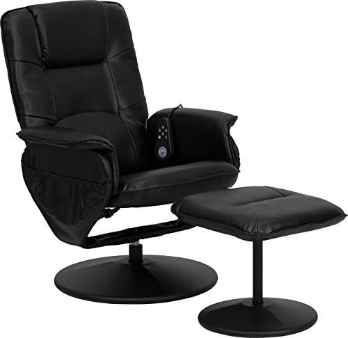 Flash Furniture Cason Massaging Adjustable Recliner with Deep Side Pockets and Ottoman with Wrapped Base in Black LeatherSoft