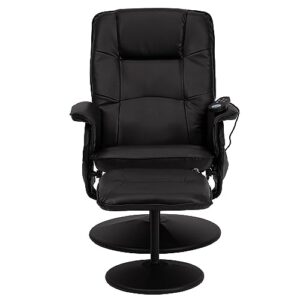 Flash Furniture Cason Massaging Adjustable Recliner with Deep Side Pockets and Ottoman with Wrapped Base in Black LeatherSoft