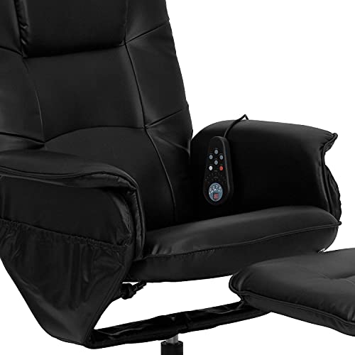 Flash Furniture Cason Massaging Adjustable Recliner with Deep Side Pockets and Ottoman with Wrapped Base in Black LeatherSoft