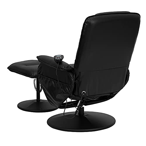 Flash Furniture Cason Massaging Adjustable Recliner with Deep Side Pockets and Ottoman with Wrapped Base in Black LeatherSoft