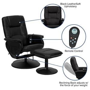 Flash Furniture Cason Massaging Adjustable Recliner with Deep Side Pockets and Ottoman with Wrapped Base in Black LeatherSoft