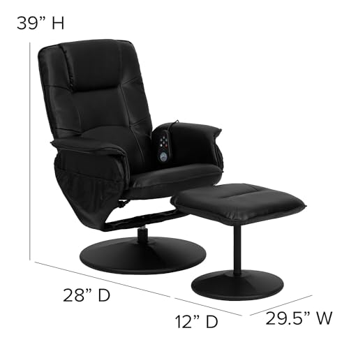 Flash Furniture Cason Massaging Adjustable Recliner with Deep Side Pockets and Ottoman with Wrapped Base in Black LeatherSoft