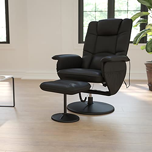 Flash Furniture Cason Massaging Adjustable Recliner with Deep Side Pockets and Ottoman with Wrapped Base in Black LeatherSoft