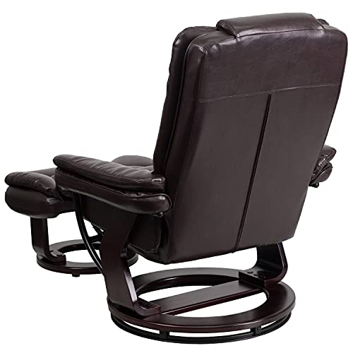 Flash Furniture Bali Contemporary Multi-Position Recliner with Horizontal Stitching and Ottoman with Swivel Mahogany Wood Base in Brown LeatherSoft