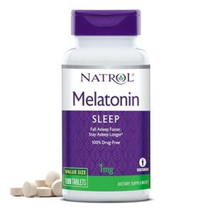 natrol melatonin tablets, helps you fall asleep faster, stay asleep longer, strengthen immune system, 100% vegetarian, 1mg, 180 count
