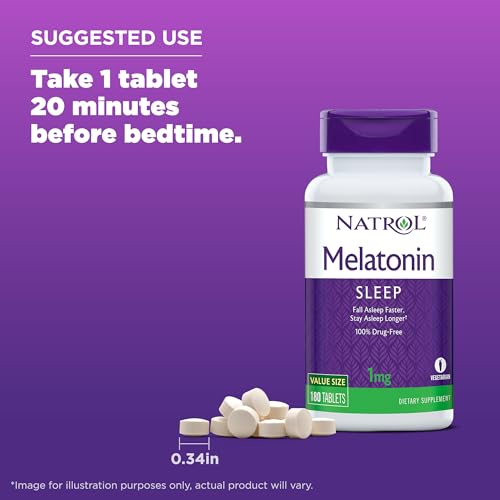 Natrol Melatonin Tablets, Helps You Fall Asleep Faster, Stay Asleep Longer, Strengthen Immune System, 100% Vegetarian, 1mg, 180 Count