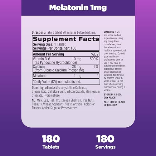 Natrol Melatonin Tablets, Helps You Fall Asleep Faster, Stay Asleep Longer, Strengthen Immune System, 100% Vegetarian, 1mg, 180 Count