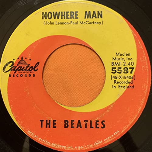 Nowhere Man b/w What Goes On by the Beatles (45 RPM) (Red/orange target label)