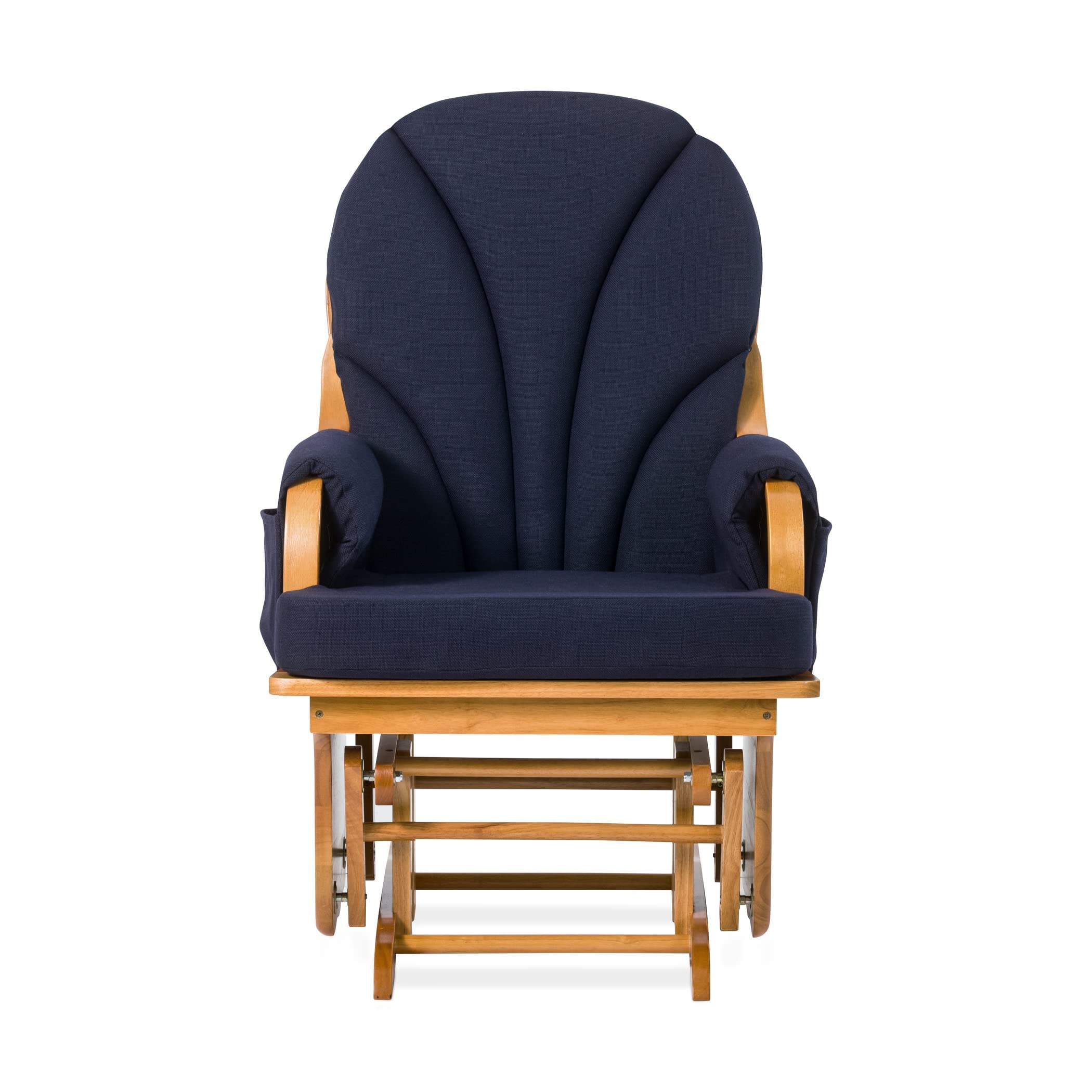 Foundations Lullaby Glider Rocker Chair for Nursery or Daycare, Solid Wood Base Frame, Padded Foam Arm Rests, Side Storage Pockets, Designed for Comfort (Natural/Blue)
