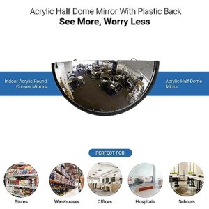 18” Acrylic Bubble Half Dome Mirror with Black Rim, Round Indoor Security Mirror for Driveway Safety Spots, Outdoor Warehouse Side View, Circular Wall Mirror for Office Use - Vision Metalizers (DPB1812)