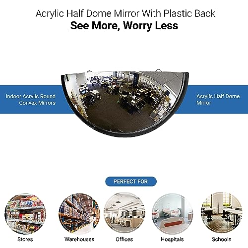 18” Acrylic Bubble Half Dome Mirror with Black Rim, Round Indoor Security Mirror for Driveway Safety Spots, Outdoor Warehouse Side View, Circular Wall Mirror for Office Use - Vision Metalizers (DPB1812)