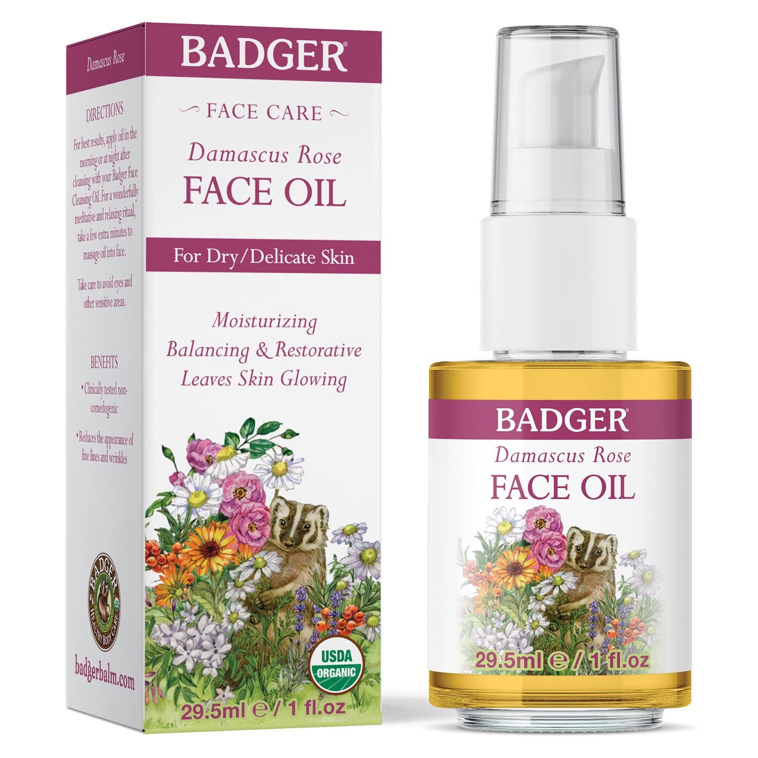 Badger Balm - Damascus Rose Antioxidant Face Oil - Certified Organic,1 oz.