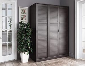 palace imports 100% solid wood wardrobe/armoire/closet with 3 sliding louvered doors, java. 5 shelves included. additional large shelves sold separately.