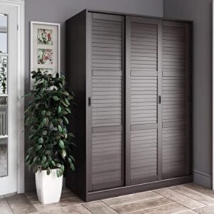 Palace Imports 100% Solid Wood Wardrobe/Armoire/Closet with 3 Sliding Louvered Doors, Java. 5 Shelves Included. Additional Large Shelves Sold Separately.