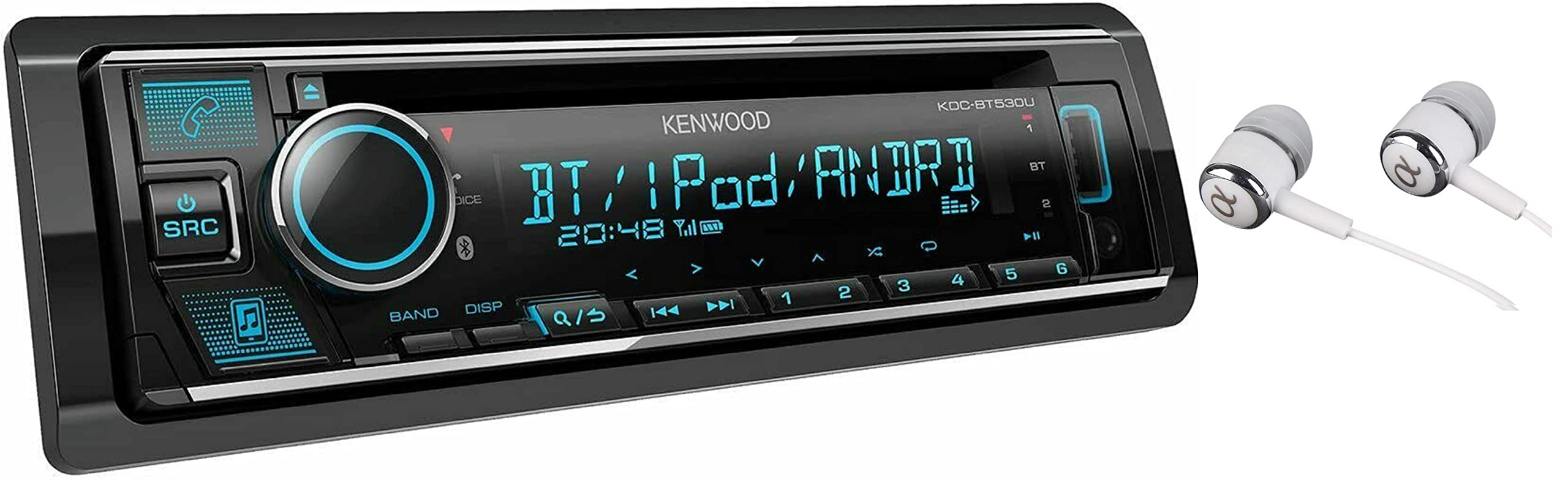 Kenwood Single DIN Bluetooth CD/AM/FM USB Auxiliary Input Car Stereo Receiver w/ Dual Phone Connection, Pandora/Spotify/iHeartRadio, Apple iPhone and Android Control with ALPHASONIK EARBUDS