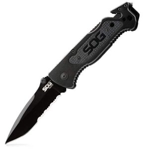 sog escape tactical folding knife- 3.4 inch serrated edge blade emergency pocket knife with glass breaker, wire stripper and line cutter blades-black (ff25-cp)