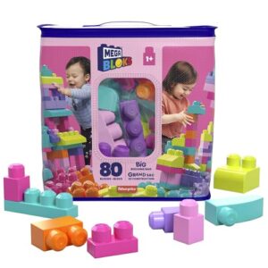 mega bloks fisher-price toddler block toys, big building bag with 80 pieces and storage bag, pink, gift ideas for kids age 1+ years