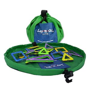 lay-n-go 2-in-1 small portable drawstring toys storage organizer and play mat for room and travel, made for kids and toddlers with a durable patented design, 18 inch, green/blue