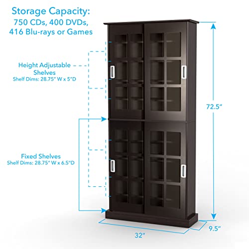 Atlantic Windowpane Media/Storage Cabinet - Tempered Glass Pane Sliding Doors, Stores Optical Media Like CD/DVD/BD/Game Discs, Collectables & Memorabilia Collections, PN 94835757 in Espresso