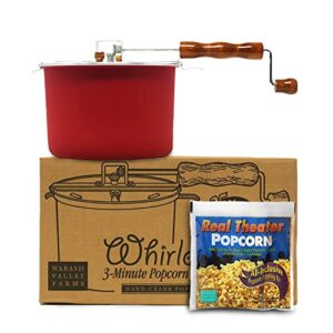 original whirley pop popcorn maker - 6 quart culinary popcorn popper with one all-inclusive popping kit, aluminum popcorn pot with nylon gears, wabash valley farms popcorn maker (red)