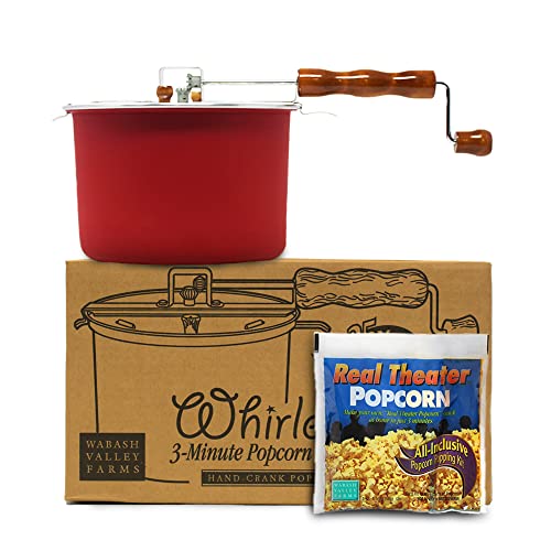 Original Whirley Pop Popcorn Maker - 6 Quart Culinary Popcorn Popper With One All-Inclusive Popping Kit, Aluminum Popcorn Pot With Nylon Gears, Wabash Valley Farms Popcorn Maker (Red)