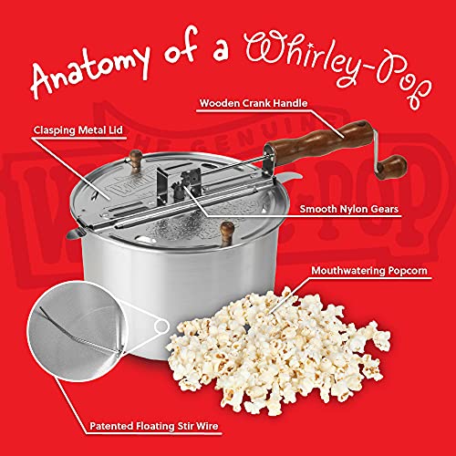 Original Whirley Pop Popcorn Maker - 6 Quart Culinary Popcorn Popper With One All-Inclusive Popping Kit, Aluminum Popcorn Pot With Nylon Gears, Wabash Valley Farms Popcorn Maker (Red)