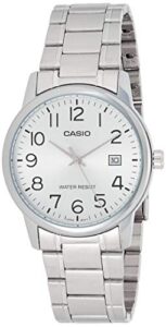 casio #mtp-v002d-7b men's standard analog stainless steel date silver dial watch
