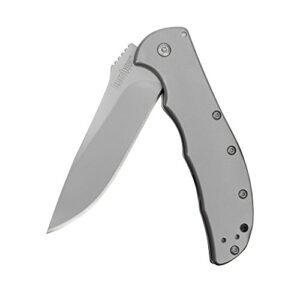 kershaw volt ss folding pocketknife, 3.5" 8cr13mov stainless steel drop point plain edge blade, assisted one hand opening, 3 position pocket clip,grey
